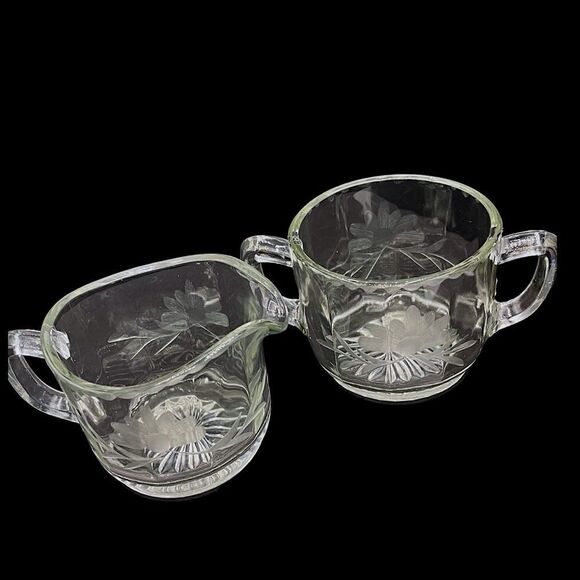 Vintage Antique Etched Flower Clear Paneled Pressed Glass Open Sugar Creamer Set - Picture 4 of 15